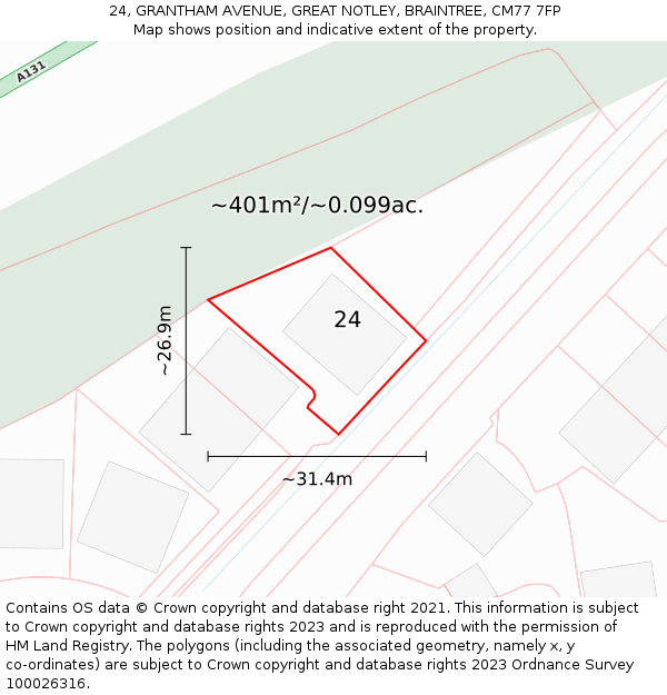 24, GRANTHAM AVENUE, GREAT NOTLEY, BRAINTREE, CM77 7FP: Plot and title map