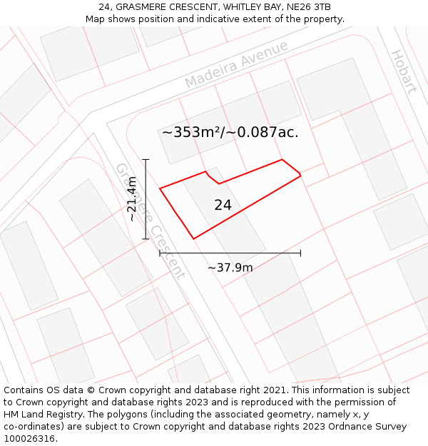 24, GRASMERE CRESCENT, WHITLEY BAY, NE26 3TB: Plot and title map