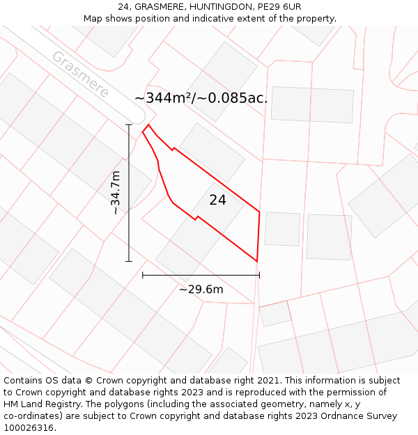 24, GRASMERE, HUNTINGDON, PE29 6UR: Plot and title map
