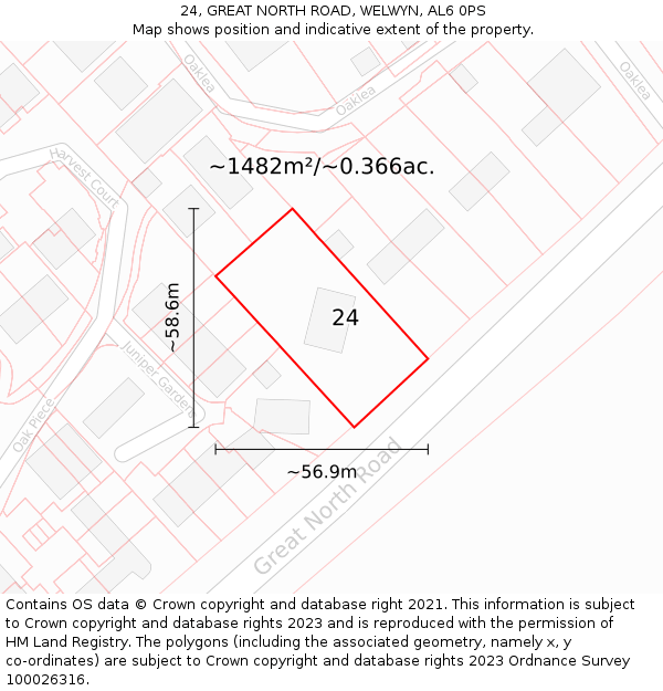 24, GREAT NORTH ROAD, WELWYN, AL6 0PS: Plot and title map