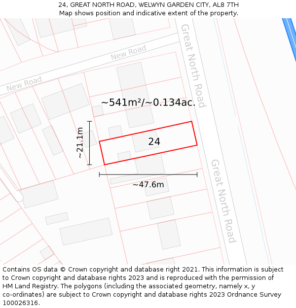 24, GREAT NORTH ROAD, WELWYN GARDEN CITY, AL8 7TH: Plot and title map