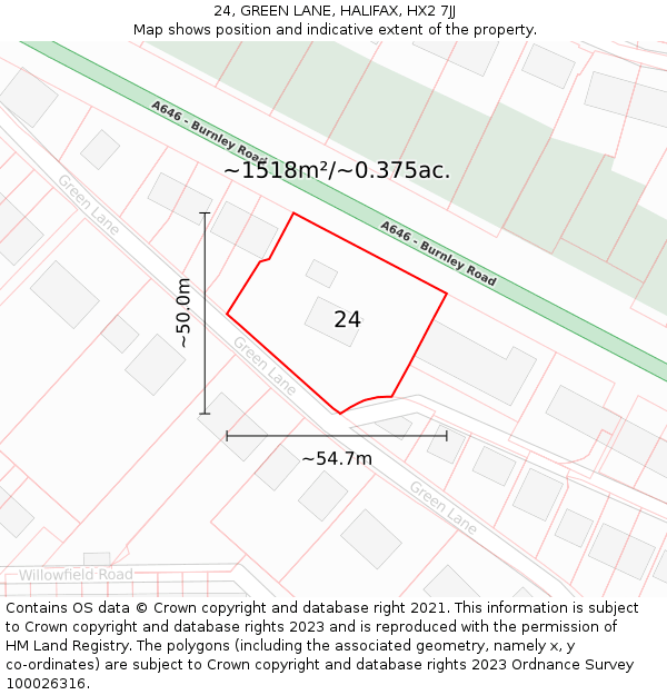 24, GREEN LANE, HALIFAX, HX2 7JJ: Plot and title map