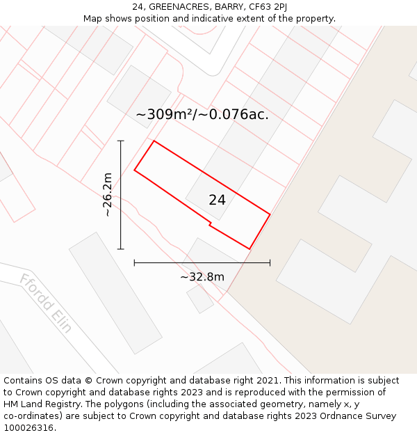 24, GREENACRES, BARRY, CF63 2PJ: Plot and title map