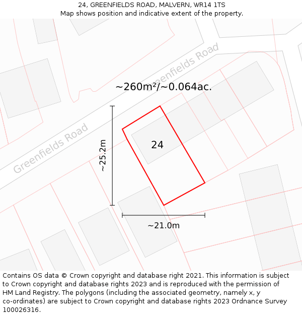 24, GREENFIELDS ROAD, MALVERN, WR14 1TS: Plot and title map