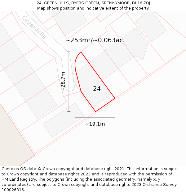 24, GREENHILLS, BYERS GREEN, SPENNYMOOR, DL16 7QJ: Plot and title map