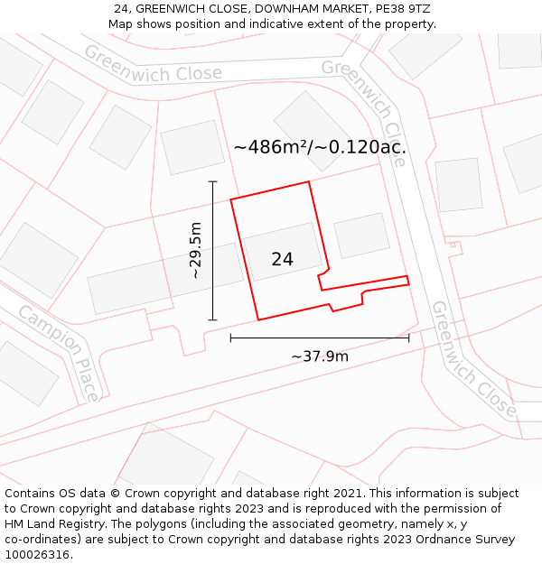 24, GREENWICH CLOSE, DOWNHAM MARKET, PE38 9TZ: Plot and title map