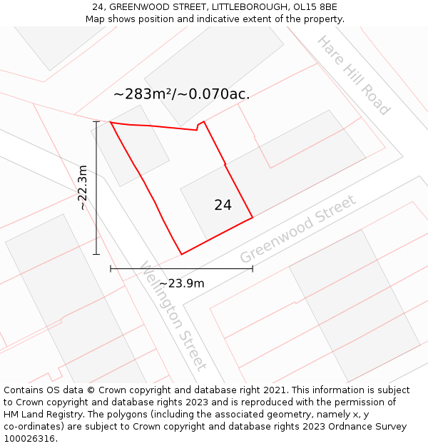 24, GREENWOOD STREET, LITTLEBOROUGH, OL15 8BE: Plot and title map