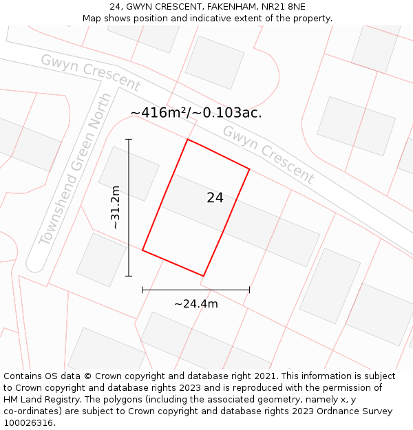 24, GWYN CRESCENT, FAKENHAM, NR21 8NE: Plot and title map