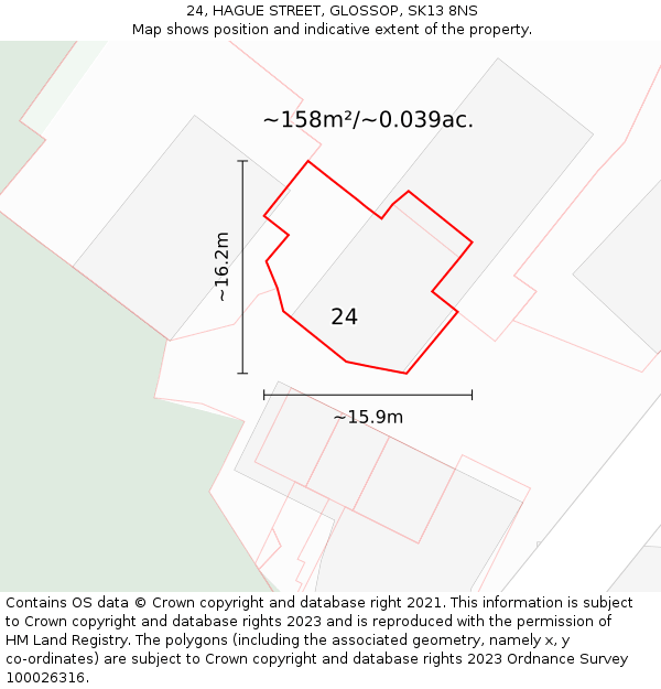 24, HAGUE STREET, GLOSSOP, SK13 8NS: Plot and title map