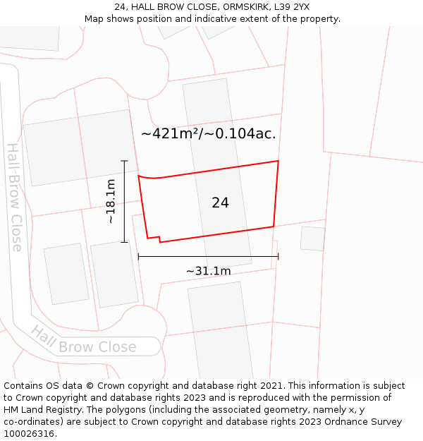 24, HALL BROW CLOSE, ORMSKIRK, L39 2YX: Plot and title map