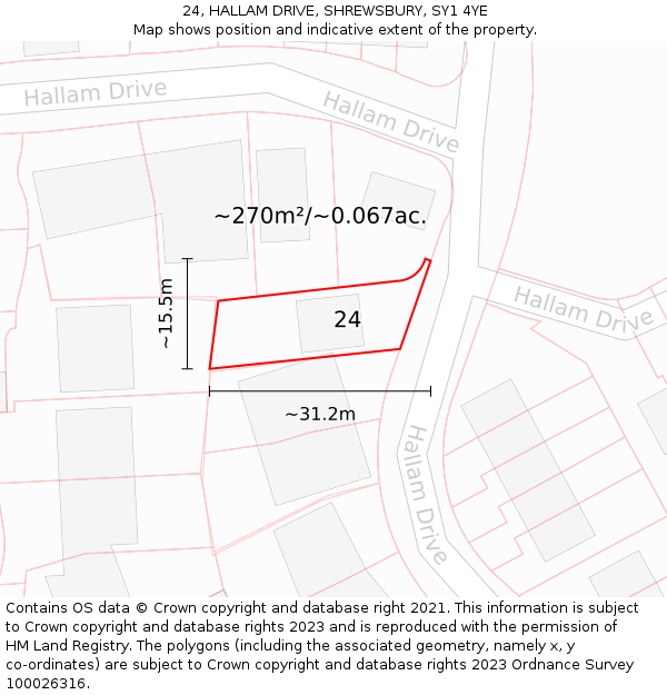 24, HALLAM DRIVE, SHREWSBURY, SY1 4YE: Plot and title map