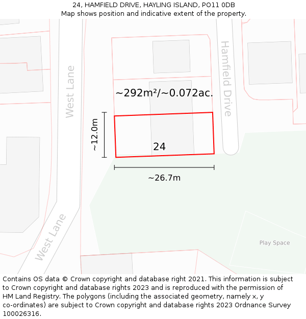 24, HAMFIELD DRIVE, HAYLING ISLAND, PO11 0DB: Plot and title map