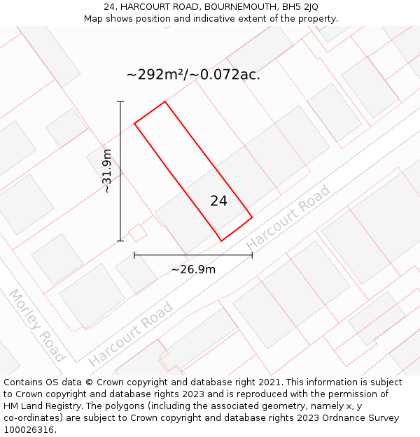 24, HARCOURT ROAD, BOURNEMOUTH, BH5 2JQ: Plot and title map