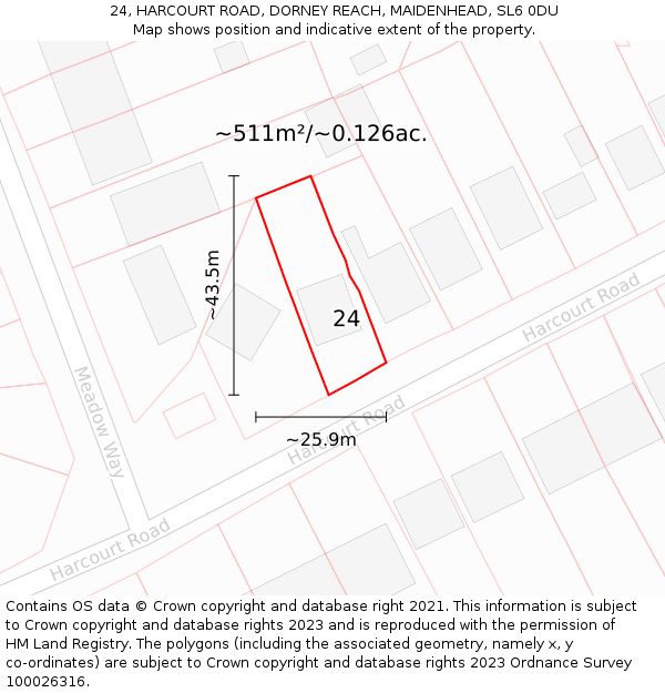 24, HARCOURT ROAD, DORNEY REACH, MAIDENHEAD, SL6 0DU: Plot and title map