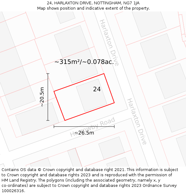 24, HARLAXTON DRIVE, NOTTINGHAM, NG7 1JA: Plot and title map