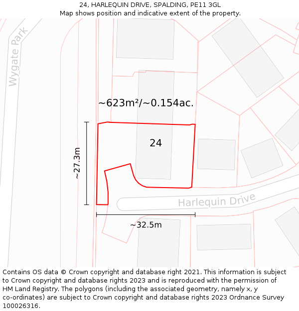 24, HARLEQUIN DRIVE, SPALDING, PE11 3GL: Plot and title map