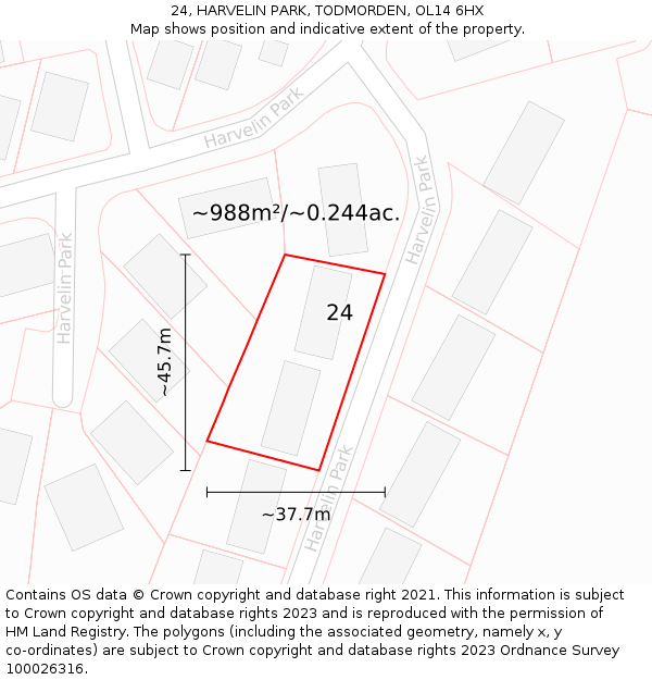 24, HARVELIN PARK, TODMORDEN, OL14 6HX: Plot and title map
