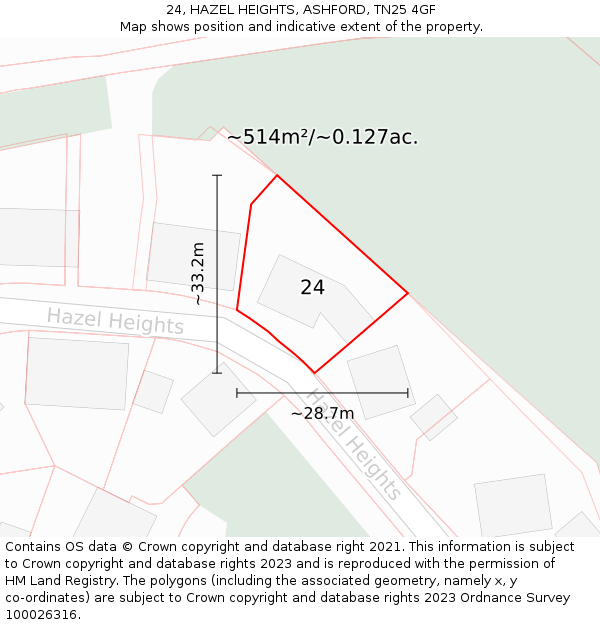 24, HAZEL HEIGHTS, ASHFORD, TN25 4GF: Plot and title map