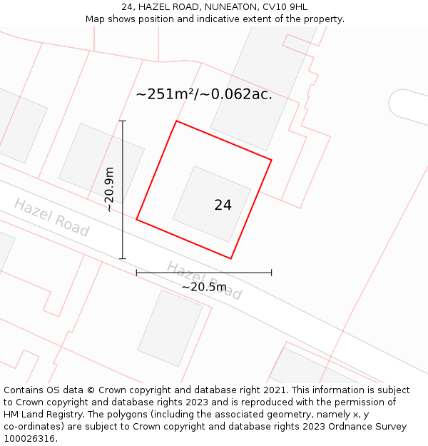 24, HAZEL ROAD, NUNEATON, CV10 9HL: Plot and title map