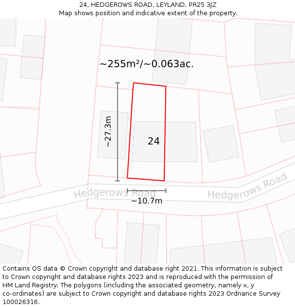 24, HEDGEROWS ROAD, LEYLAND, PR25 3JZ: Plot and title map