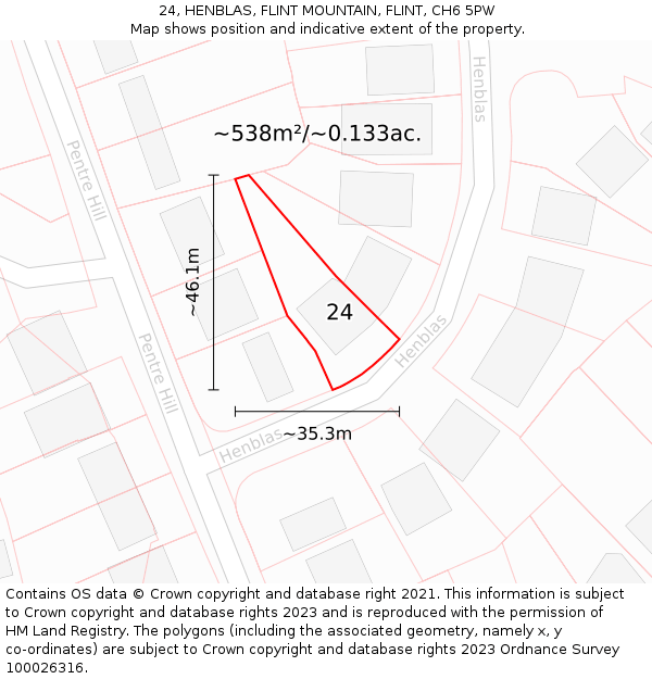 24, HENBLAS, FLINT MOUNTAIN, FLINT, CH6 5PW: Plot and title map