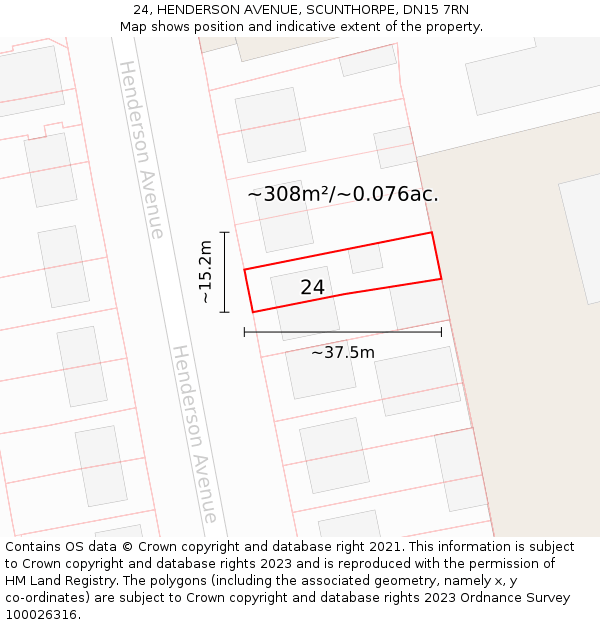 24, HENDERSON AVENUE, SCUNTHORPE, DN15 7RN: Plot and title map