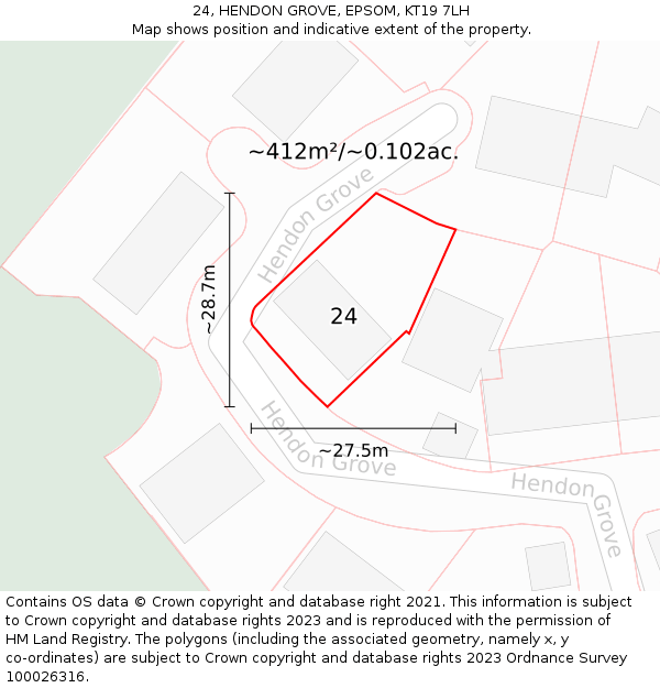 24, HENDON GROVE, EPSOM, KT19 7LH: Plot and title map