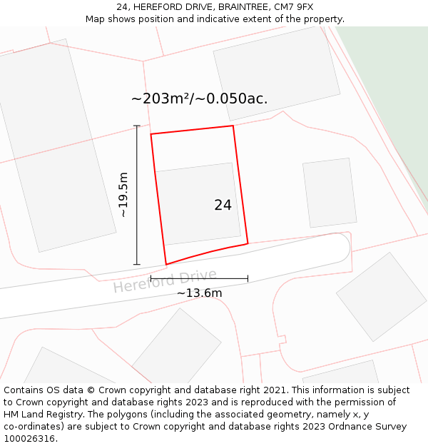 24, HEREFORD DRIVE, BRAINTREE, CM7 9FX: Plot and title map