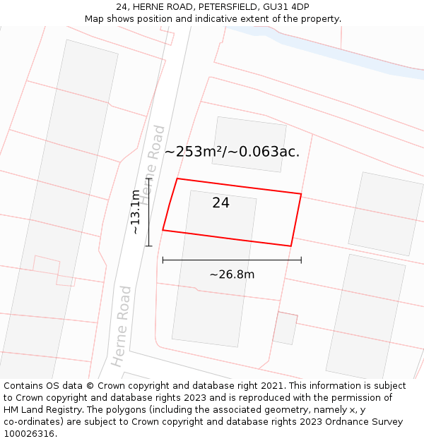 24, HERNE ROAD, PETERSFIELD, GU31 4DP: Plot and title map