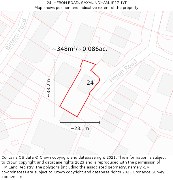 24, HERON ROAD, SAXMUNDHAM, IP17 1YT: Plot and title map