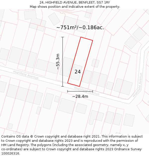 24, HIGHFIELD AVENUE, BENFLEET, SS7 1RY: Plot and title map