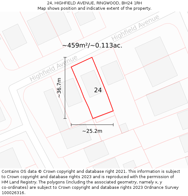 24, HIGHFIELD AVENUE, RINGWOOD, BH24 1RH: Plot and title map