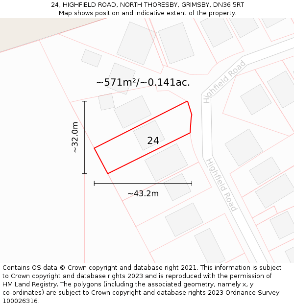 24, HIGHFIELD ROAD, NORTH THORESBY, GRIMSBY, DN36 5RT: Plot and title map