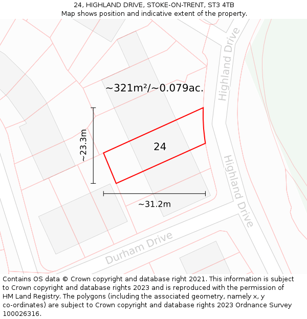 24, HIGHLAND DRIVE, STOKE-ON-TRENT, ST3 4TB: Plot and title map