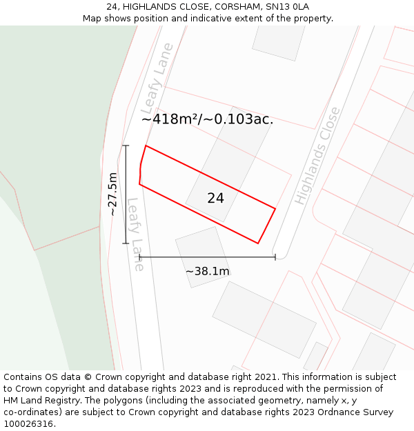 24, HIGHLANDS CLOSE, CORSHAM, SN13 0LA: Plot and title map