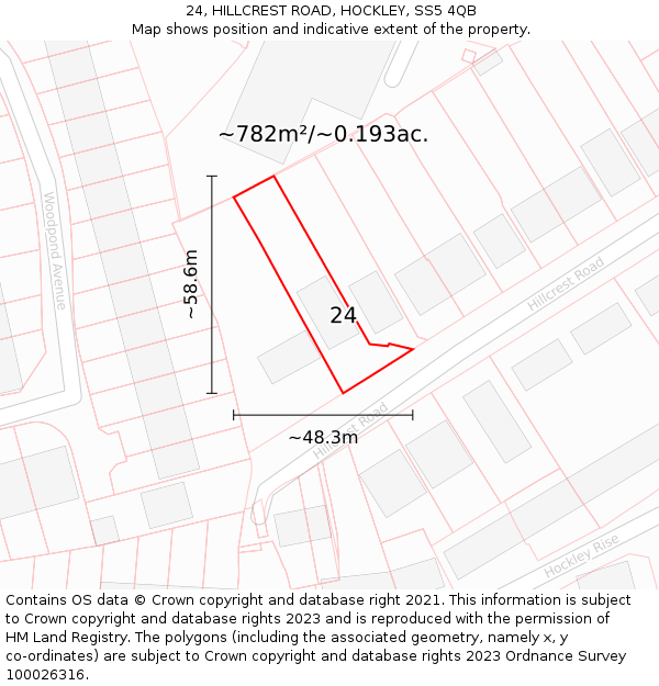 24, HILLCREST ROAD, HOCKLEY, SS5 4QB: Plot and title map