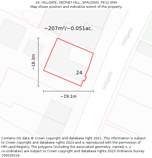 24, HILLGATE, GEDNEY HILL, SPALDING, PE12 0NN: Plot and title map