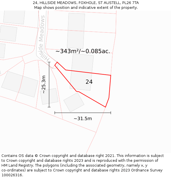 24, HILLSIDE MEADOWS, FOXHOLE, ST AUSTELL, PL26 7TA: Plot and title map