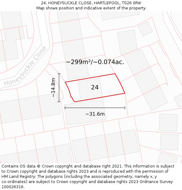 24, HONEYSUCKLE CLOSE, HARTLEPOOL, TS26 0RW: Plot and title map