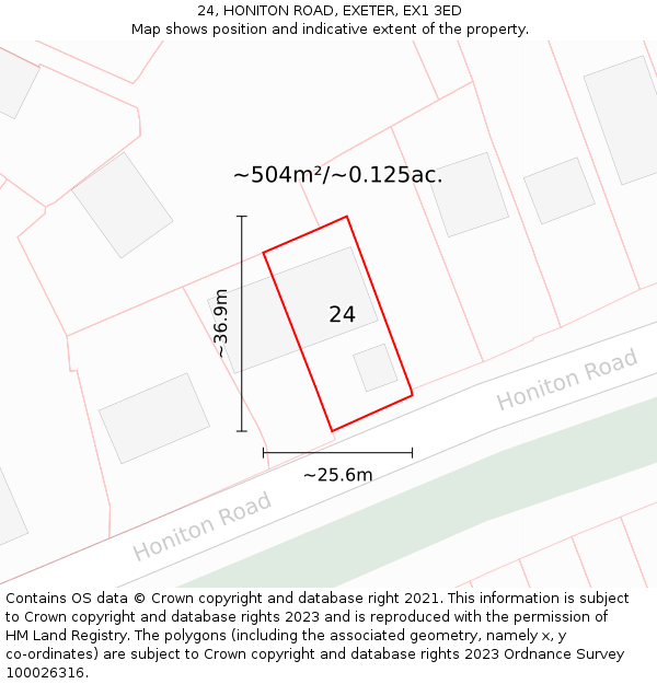 24, HONITON ROAD, EXETER, EX1 3ED: Plot and title map