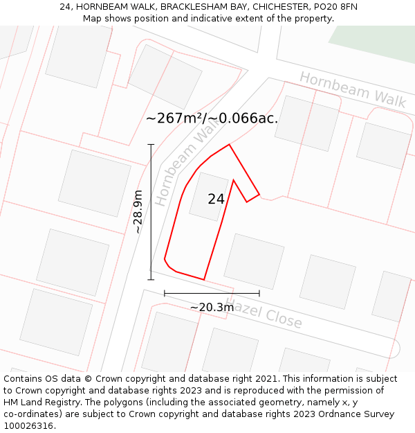 24, HORNBEAM WALK, BRACKLESHAM BAY, CHICHESTER, PO20 8FN: Plot and title map