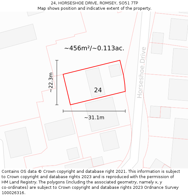 24, HORSESHOE DRIVE, ROMSEY, SO51 7TP: Plot and title map