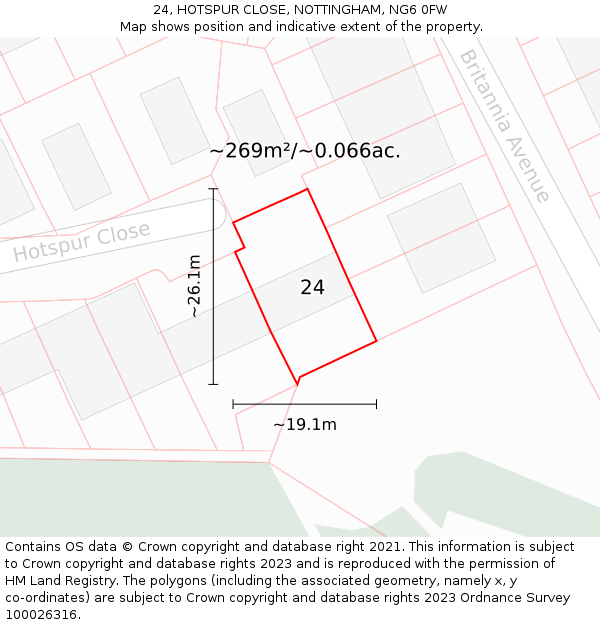 24, HOTSPUR CLOSE, NOTTINGHAM, NG6 0FW: Plot and title map