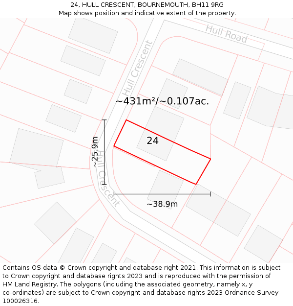 24, HULL CRESCENT, BOURNEMOUTH, BH11 9RG: Plot and title map