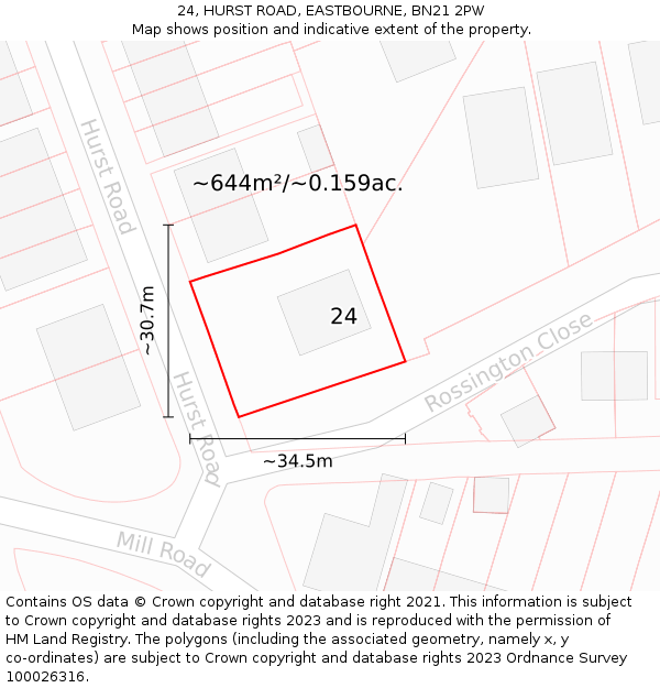24, HURST ROAD, EASTBOURNE, BN21 2PW: Plot and title map