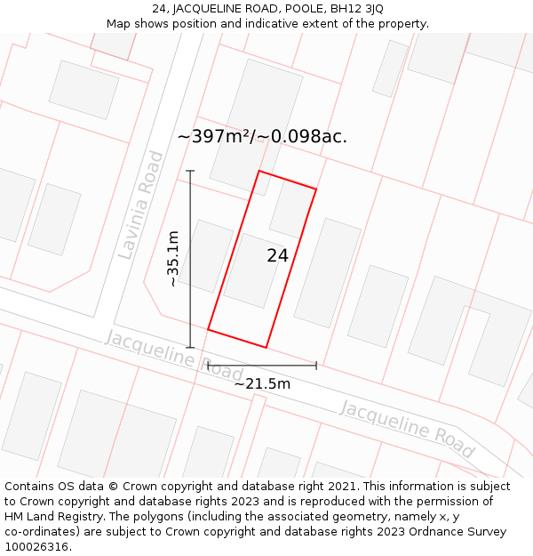 24, JACQUELINE ROAD, POOLE, BH12 3JQ: Plot and title map