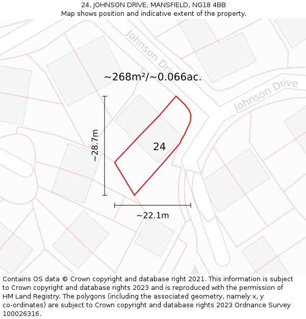 24, JOHNSON DRIVE, MANSFIELD, NG18 4BB: Plot and title map