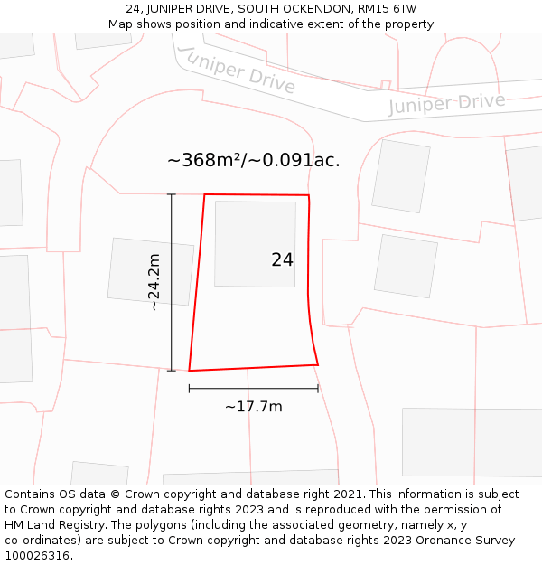 24, JUNIPER DRIVE, SOUTH OCKENDON, RM15 6TW: Plot and title map