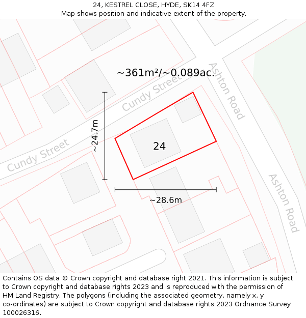 24, KESTREL CLOSE, HYDE, SK14 4FZ: Plot and title map