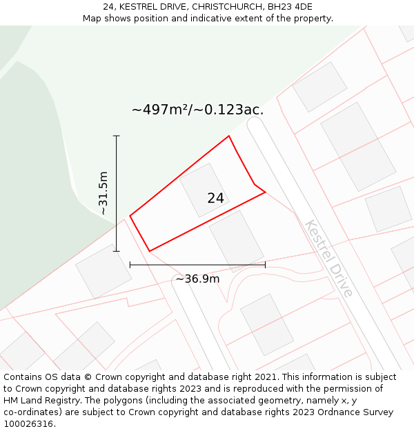 24, KESTREL DRIVE, CHRISTCHURCH, BH23 4DE: Plot and title map